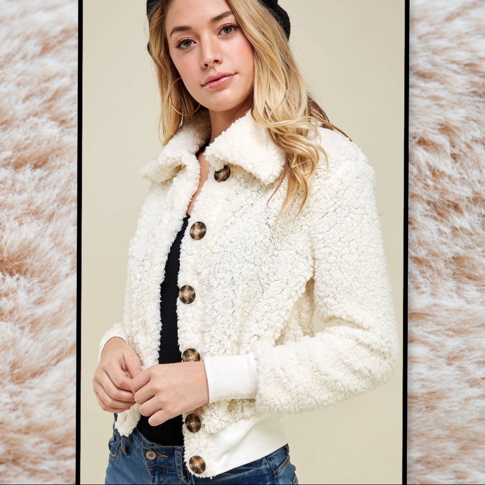 Cream Casual Teddy bear button down jacket